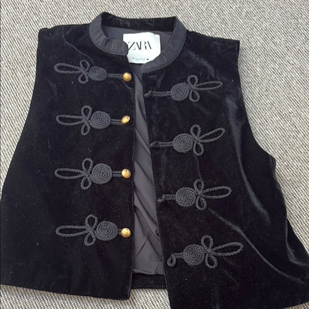 Zara Black Velvet Military-Style Vest with Gold Buttons